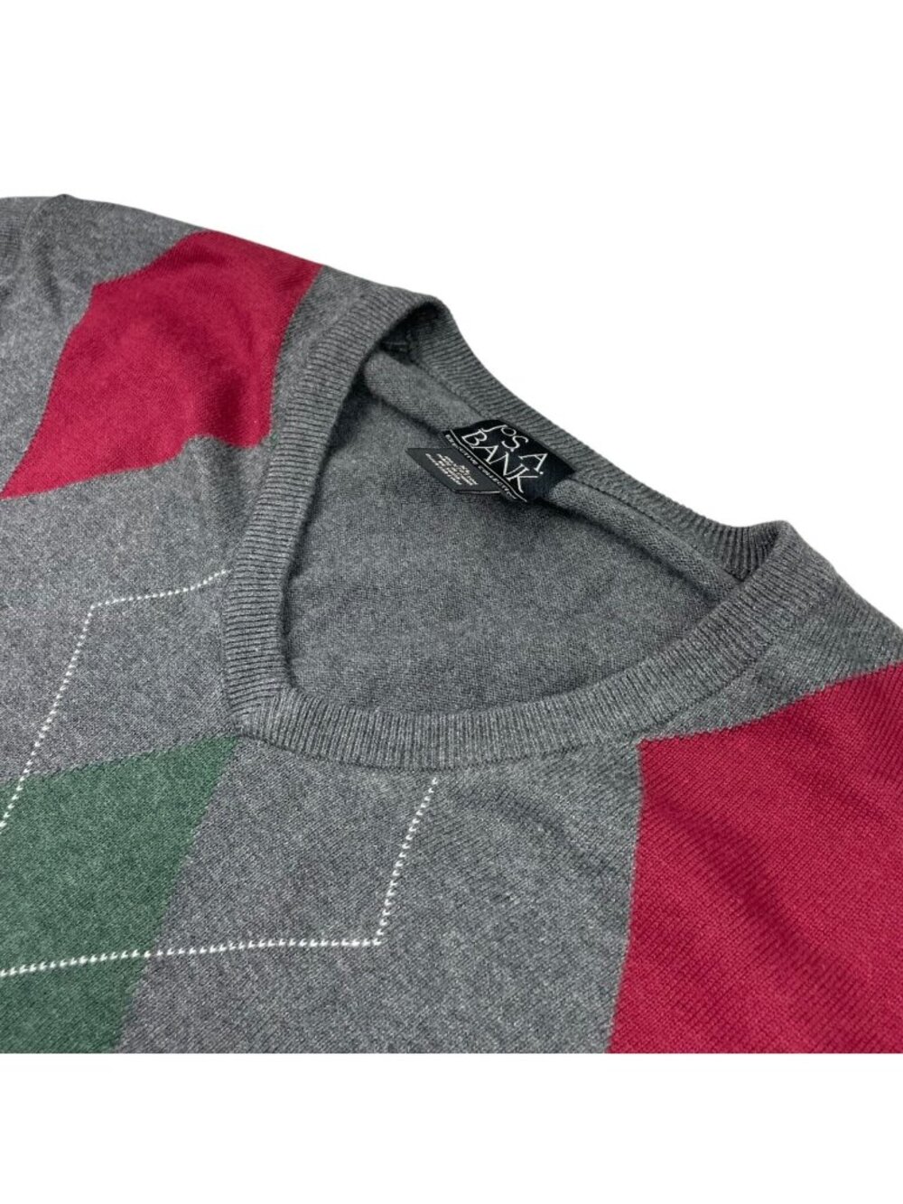 Jos A Bank Men's 100% Cotton V-Neck Sweater Gray/Burgundy/Green Argyle • XL